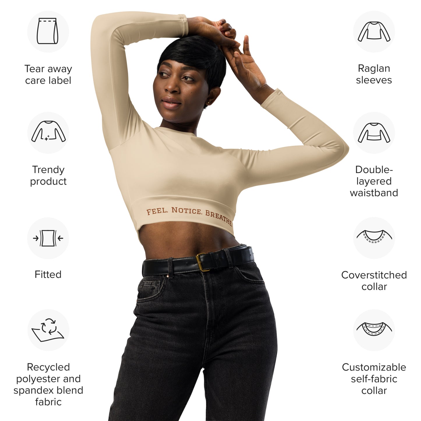 Recycled long-sleeve crop top inspired by, “Notice.”