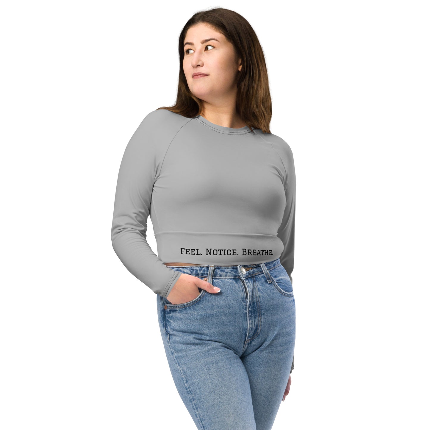 Recycled long-sleeve crop top inspired by, “Notice.”